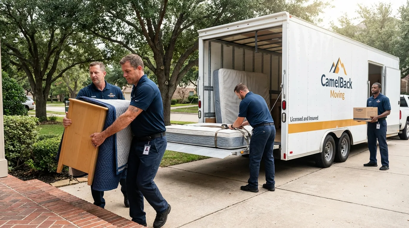Crew loading residential truck for cross-state move from Yale, MI