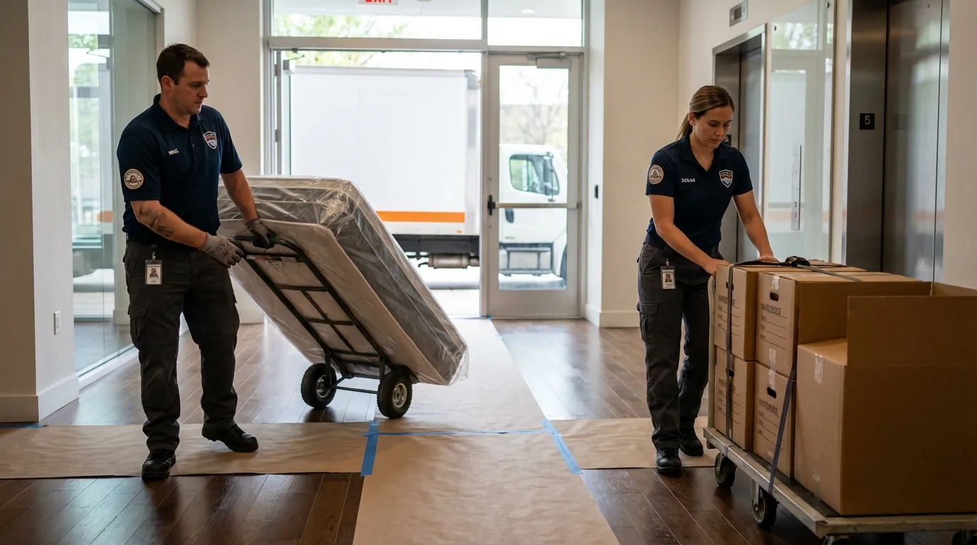 Professional apartment movers loading elevator in Yale, MI