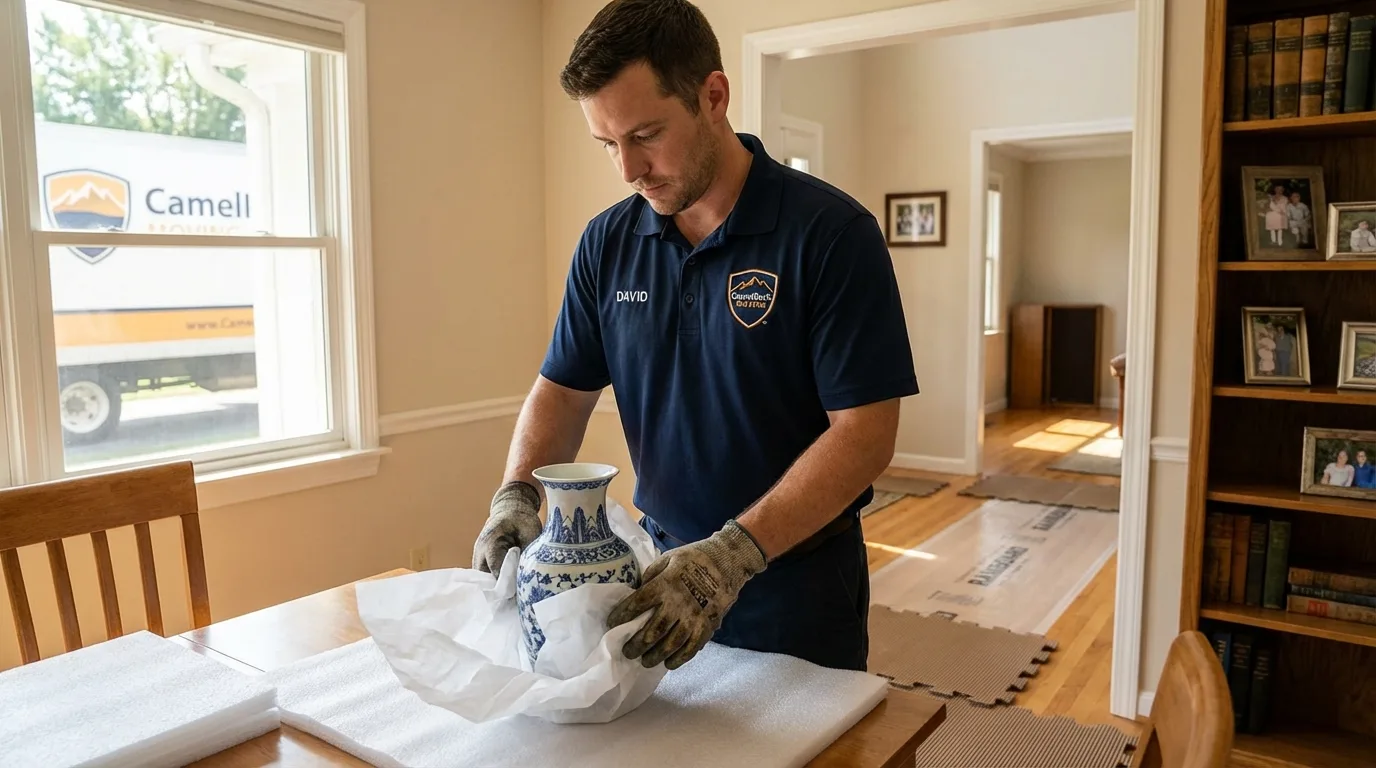 Professional crew carefully wrapping antique vase for senior downsizing move in Yale, MI