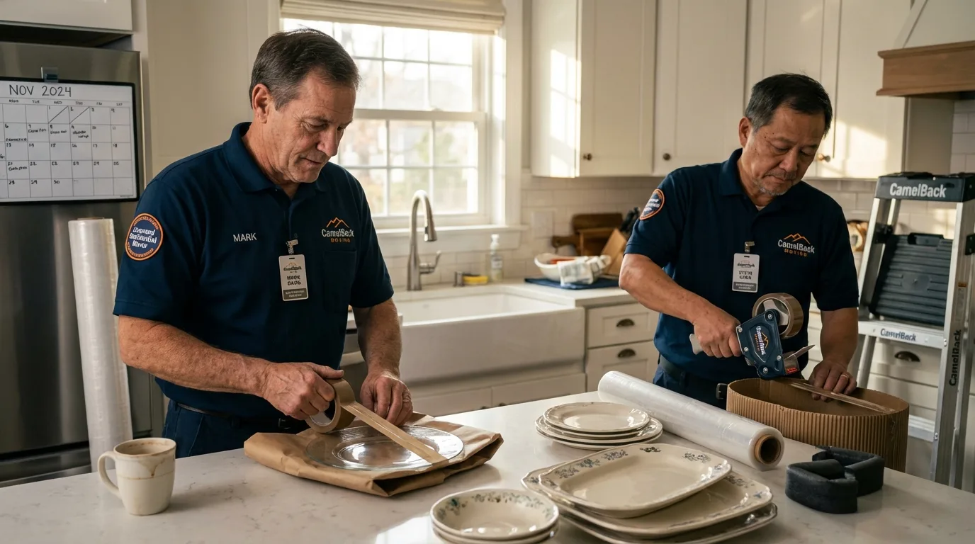 Professional crew packing kitchen dishware in Yale, MI